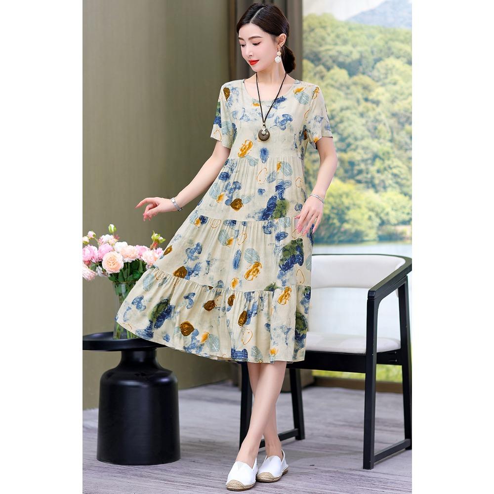Summer Short-sleeved, Loose and Long Artificial Cotton Dress for Middle-aged and Elderly Women