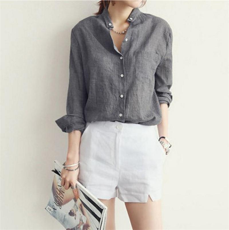 Plus Size Korean Style Long Sleeve Cotton Linen Women's Shirt