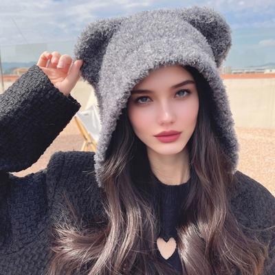 Women Hat Bear Shape Solid Color Winter Knitted Hat with Lace-up Cold Weather Thick Warm Plush Headwear