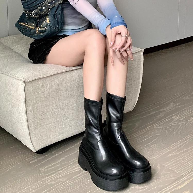 Grape mother, the same Maillard autumn and winter knight boots, the thick sole is increased, but the knee is thin, retro versatile high boots