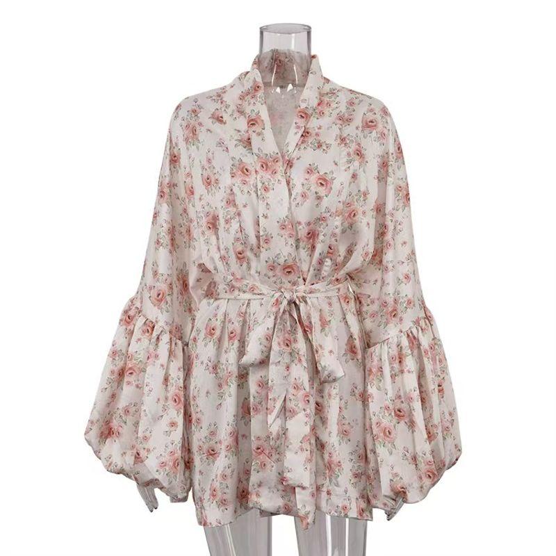 

Fashion Wind Print Fashion Loose Puff Sleeves Shoelace Satin Dress Printed Lace up Dress Pink S