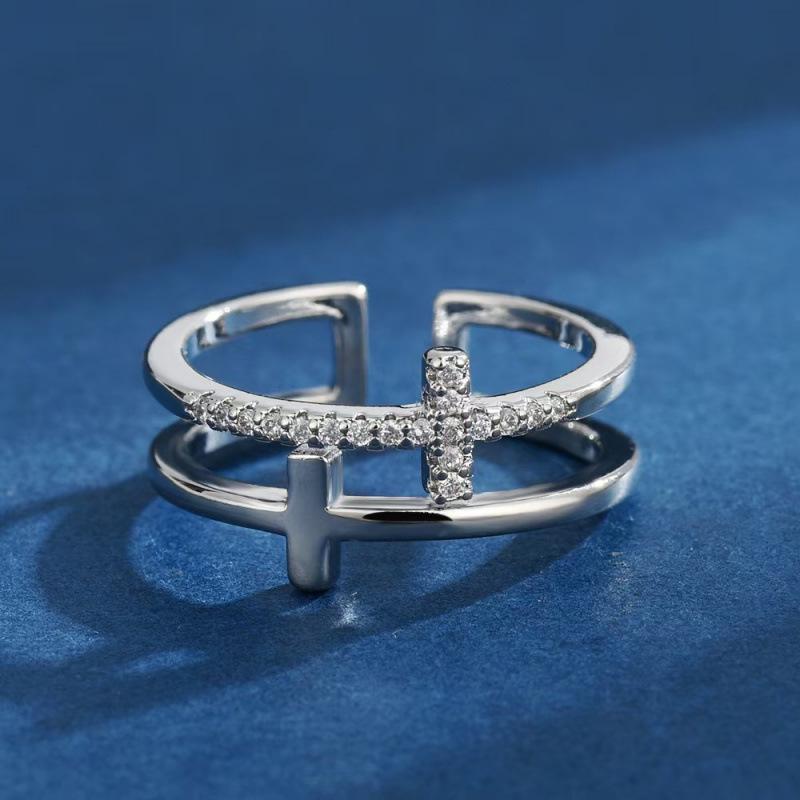 Ethnic Style Adjustable Hip Hop Women s Cross Ring with Cubic Zirconia Adjustable платиновый