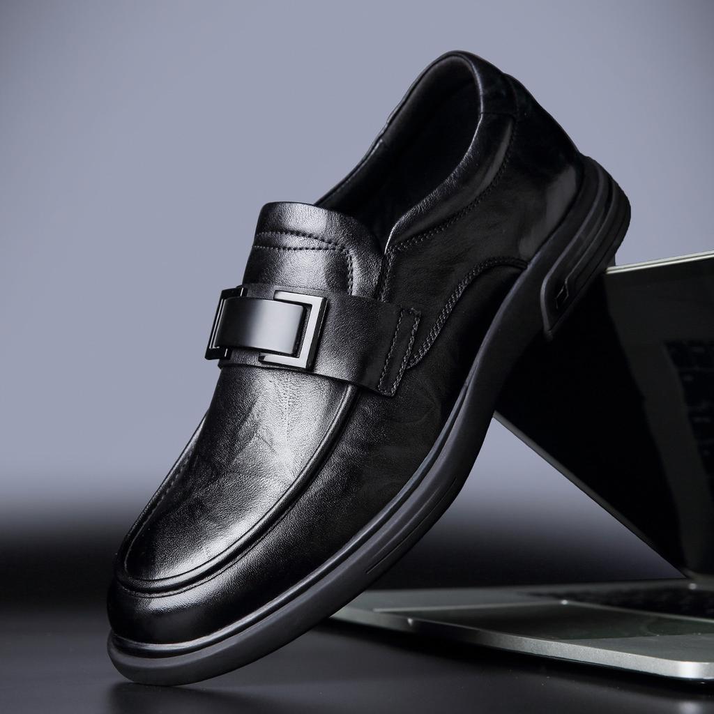 Autumn new men's business dress leather shoes one pedal loafers first layer cowhide fashion trend wedding derby shoes