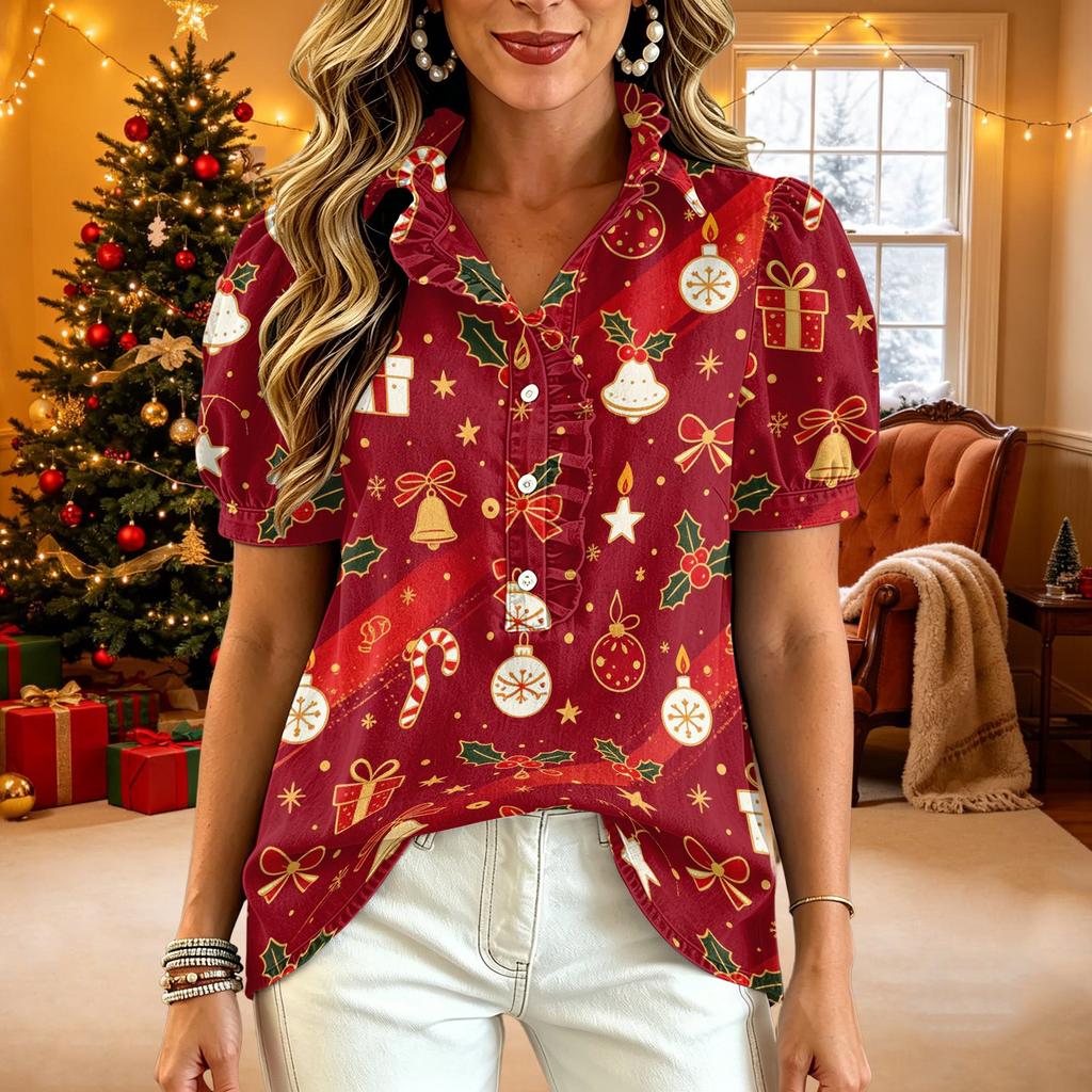 Women's Casual V-Neck Ruffle Short Sleeve Button-Front Top with Christmas Print