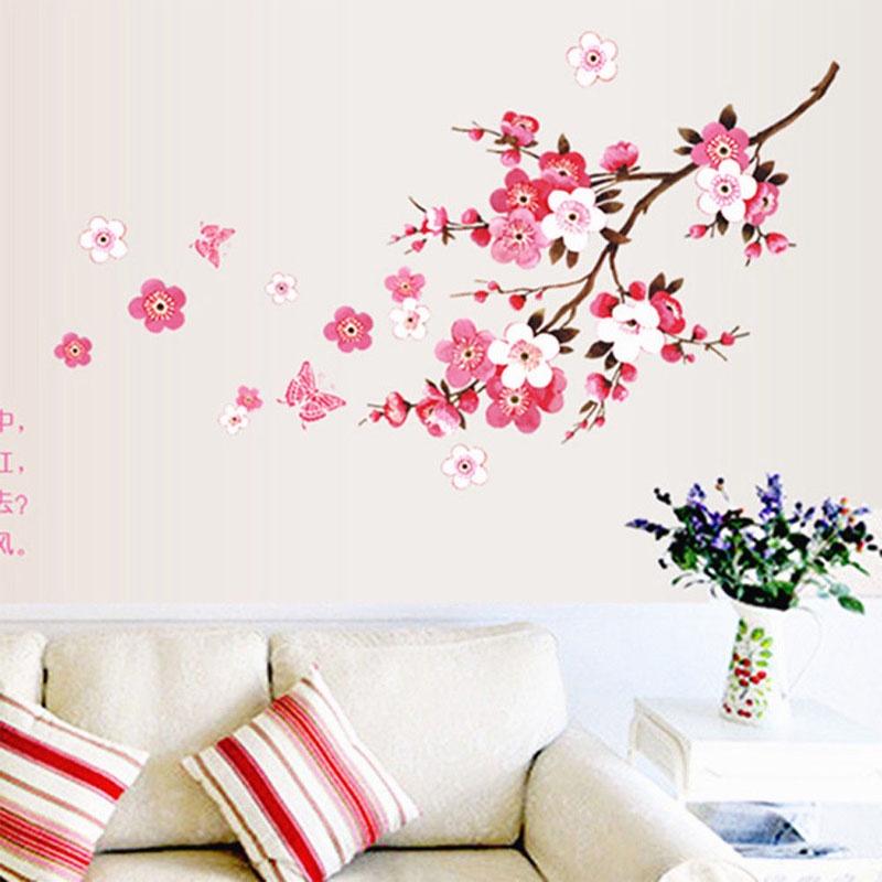 Beautiful 3d Room Peach Blossom Flower Butterfly Vinyl Art Decal For Home Mural Decoration