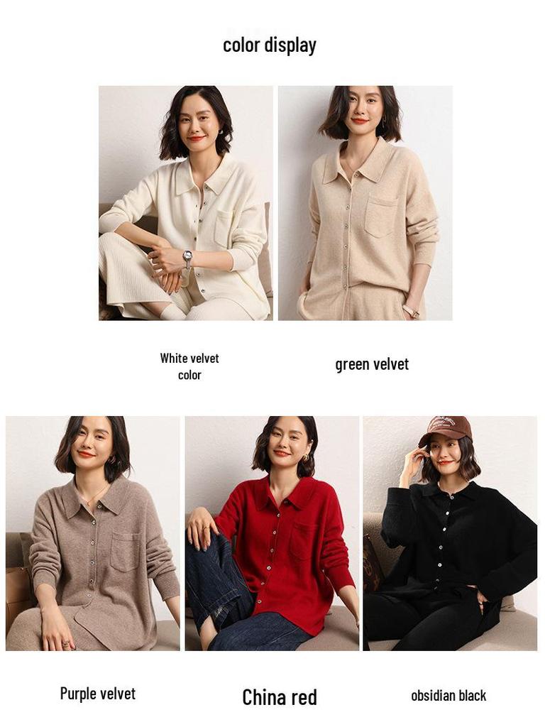 Women's Versatile Cashmere Knit Sweater: 2023 Autumn/Winter Polo Collar, Loose Fit, Solid Color