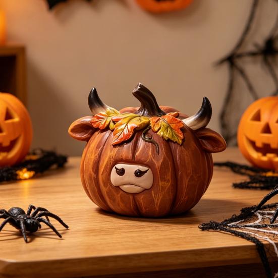 Figurky skotského skotu, Stolní dekorace pro podzimní sklizeň, Díkůvzdání, Halloween, Pryskyřice ručně malovaná dýně, soška skotského skotu, Ozdoby pro