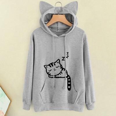 Women Fall Winter Hoodie with Big Pocket Cat Ear Decor Kitty Printing