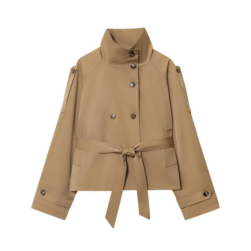 Womens 2026 Double-Breasted Belted Trench Coat With Stand Collar Slim Fit Street Style