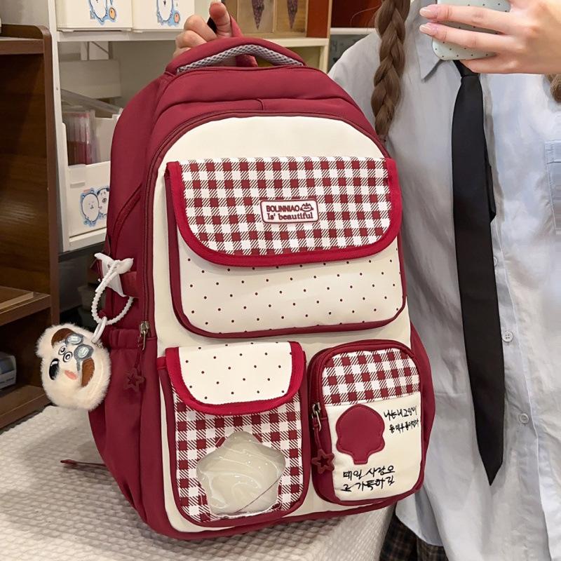 Schoolbag new plaid schoolbag female Japanese ins cute dopamine contrasting color backpack multi-compartment simple casual backpack