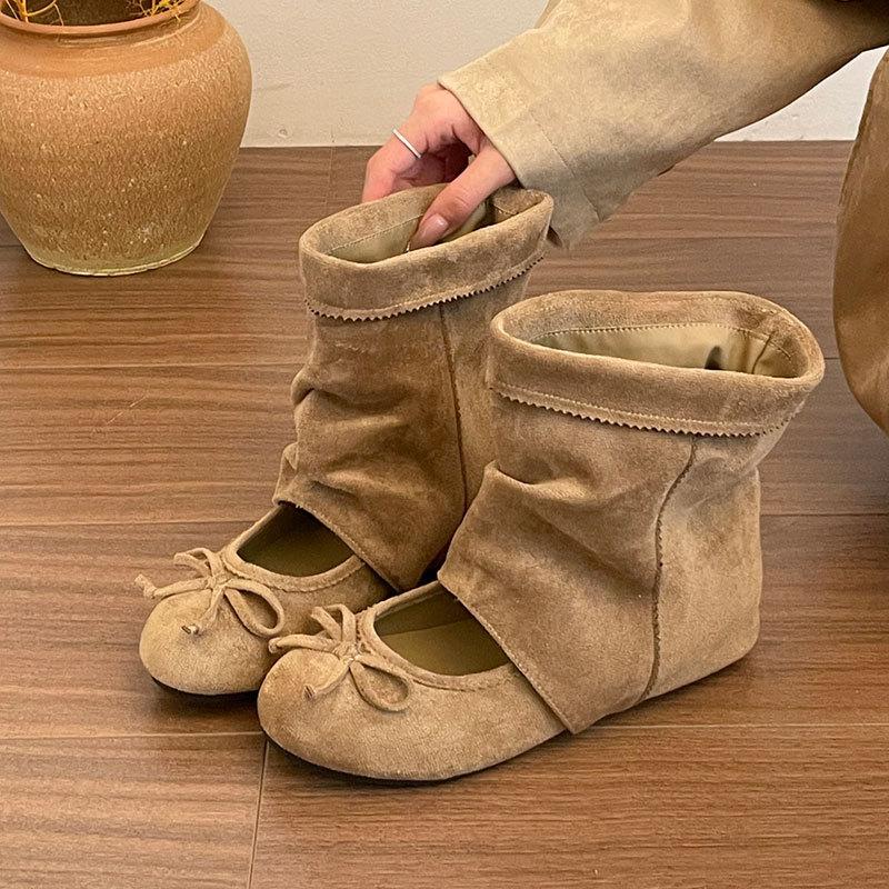 Bow inner height increase pile cool boots women's 0000 spring and autumn sandals bow ballet pleated short boots women's short boots