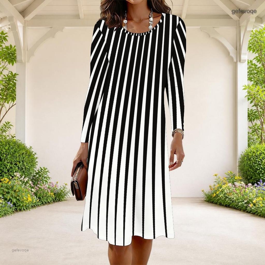 Women Plus Size Round Neck Long Sleeve Black Beige Leopard Printed A Line Dress