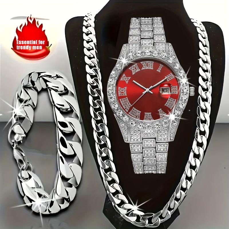 Zestaw Zegarków Sportowych 3 szt. Męski Zestaw Zegarków Kwarcowych Męska Bransoleta Męski Naszyjnik Zestaw Bransoletek ze Stali Nierdzewnej Casualowy Zegarek dla Mężczyzn