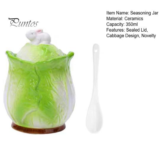 Household Seasoning Organizer Ceramic Cabbage Shaped Lard Jar with Lid Spoon, 350ml Kitchen Sealed Condiment Storage Pot Container, Multi Purpose for