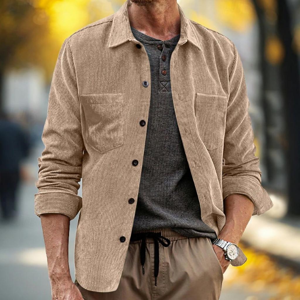Men's Casual -color Corduroy Button Shirt, Men's Lapel Long-sleeved Trendy Loose Shirt
