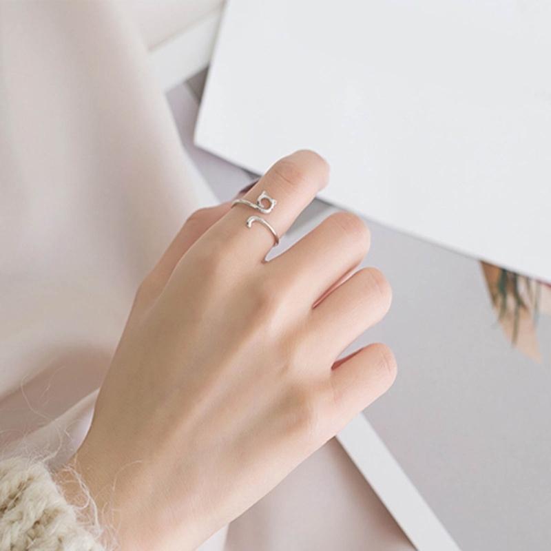 Adjustable Open Rings for Women Lovely Cat Long Tail Finger Rings Knitting Crocheting Joint Rings Jewelry Accessories