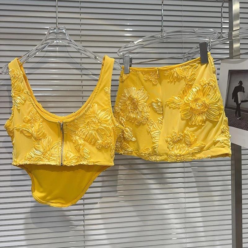 "European & American 3D Embroidered Floral Pink Camisole Skirt Set"