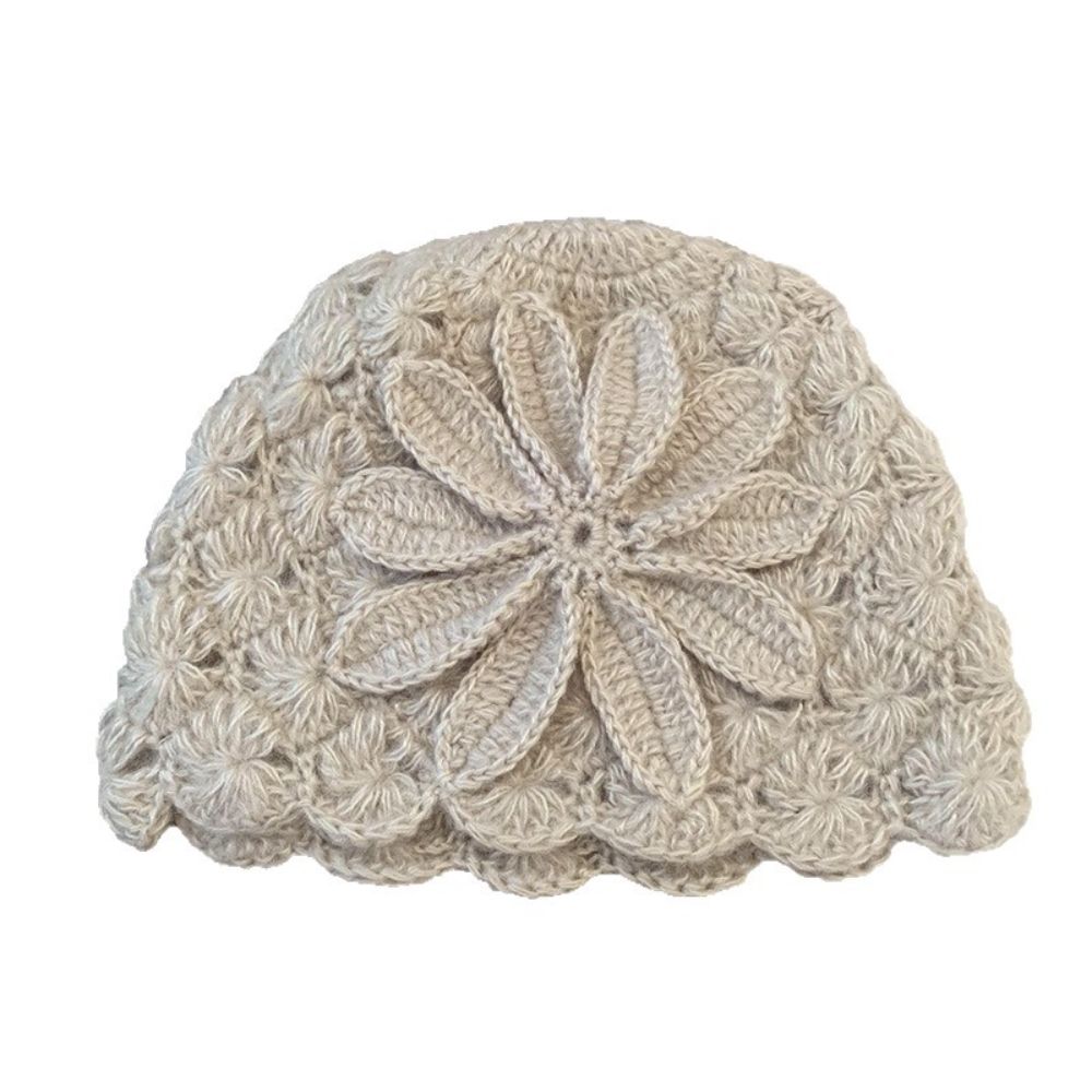 Flower Decorated Knitted Cap Warm Women's Beanie Retro Woolen Cap Outdoor