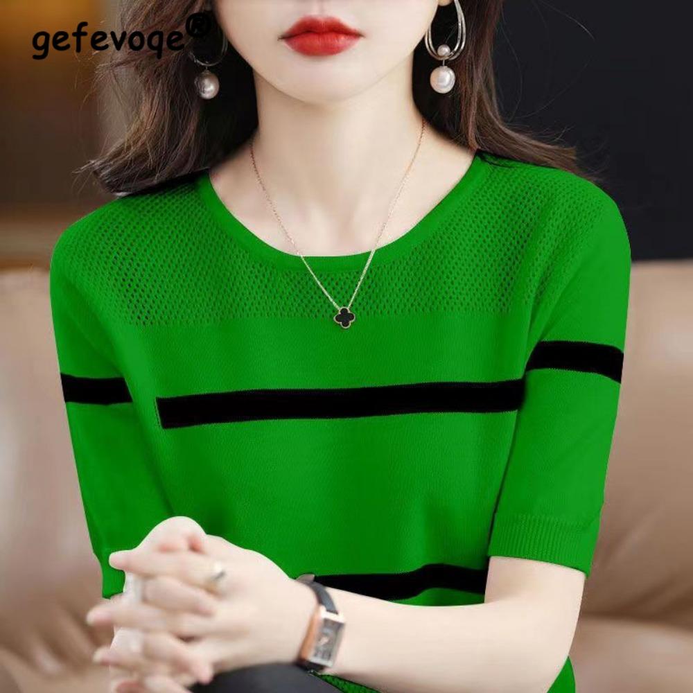 Spring and Summer O-neck Retro Striped Patchwork Ladies Loose Casual All-match Pullover Top Hollow T-shirt M