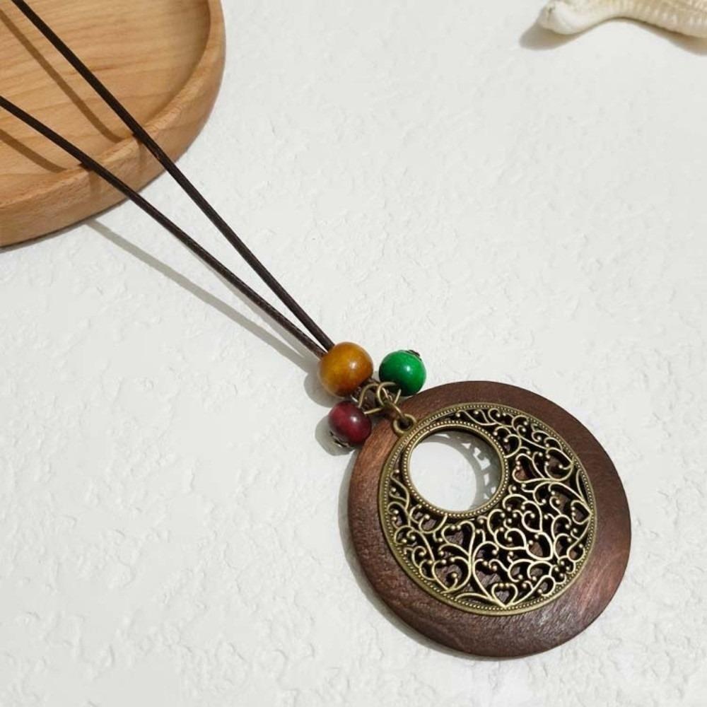 Boho Wooden Pendant Necklace Hollow Leaves Clothing Pendant Vintage Sweater Chain Gifts