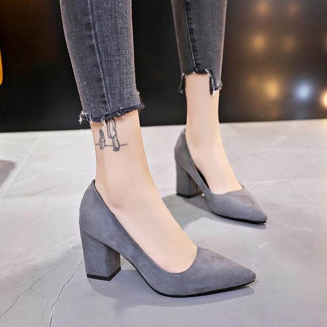 Women Pumps Flock Sweet Thick High Heels Female Sexy Office Pointed Toe Dress Work Pump Cute Shoes Ladies Footwear