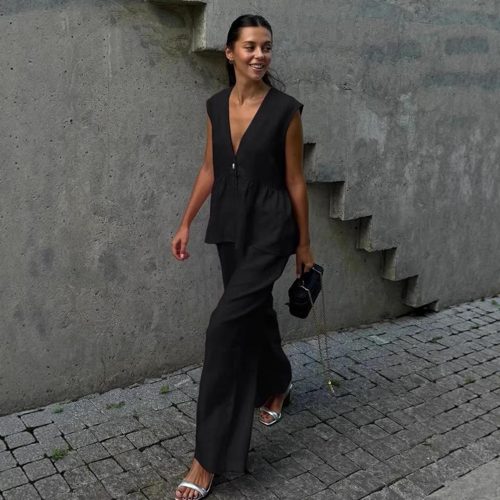 2026 New Women's Spring/Summer Cotton V-Neck Sleeveless Top & Pants Two-Piece Set