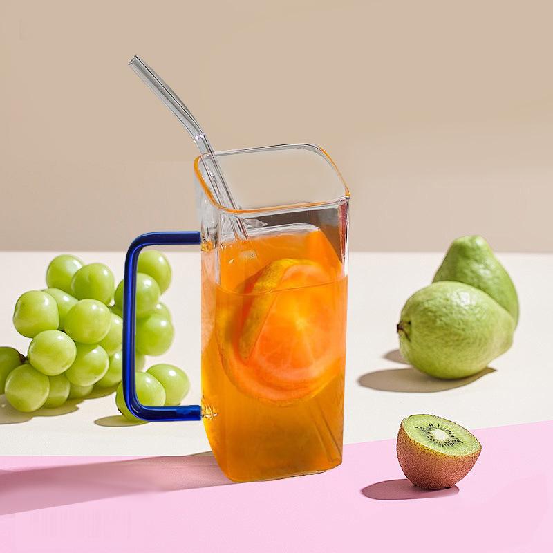 Glass Water Cup Milk Cup Tea Cup Breakfast Beverage Cup High Borosilicate Square Color Handle Glass Water Cup