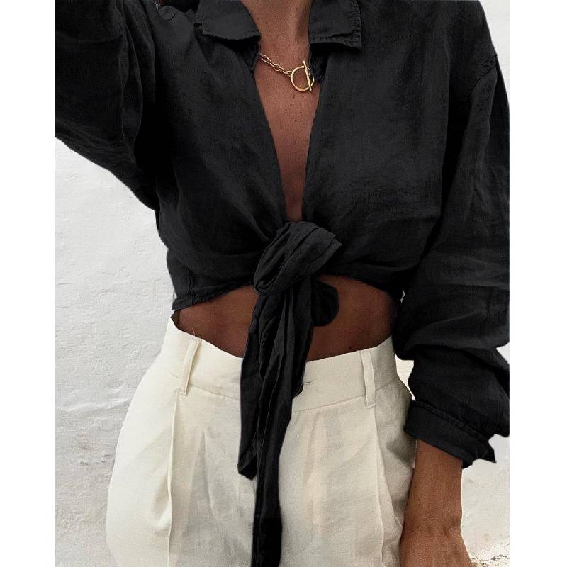 

Женский стиль, модная модель с воротником на пуговицах, связанная льняная укороченная рубашка