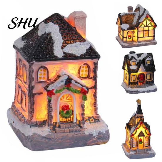 Desktop Christmas House Ornament Glowing Romantic Warm Lighting Resin Craft Small Glow LED Snow Covered Decoration Figurine Statue Party Festival Gift