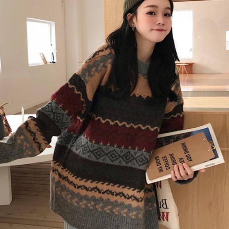 Damen Herbst und Winter Strickpullover mit Rautenmuster Lässiger, lockerer Pullover
