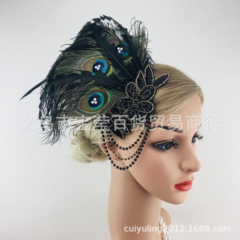 Halloween Peacock Feather Hair Clip With Rhinestones Tassel Headband Women Costume Party Wedding Photoshoot 1920s Flapper