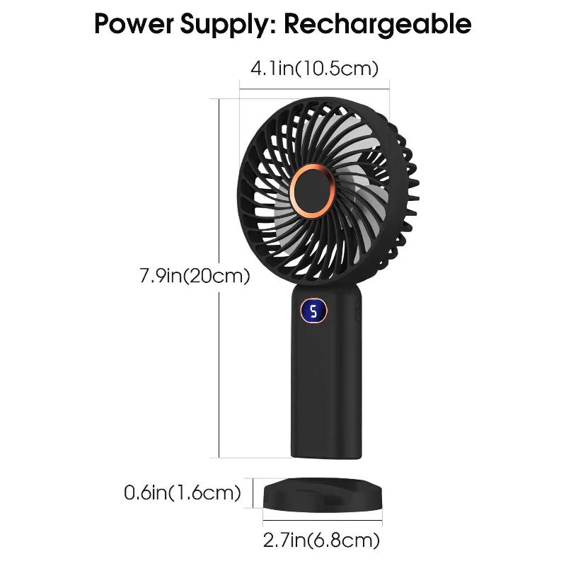 Portable Handheld Fan USB Rechargeable Mini Fan Digital Display 5-Speed Adjustment Suitable For Travel Outdoor Office Home