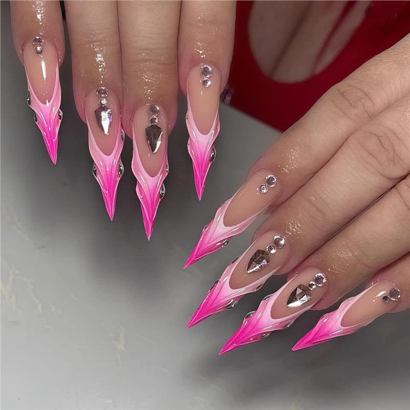 Gradient Rose Red Rhinestone 3D Long Pointed Nails (24 Pieces)