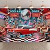 1 Piece of Retro Rock Restaurant - Polyester Fiber Background Paired with Vintage Cars Music Boxes and Checkered Floor Design