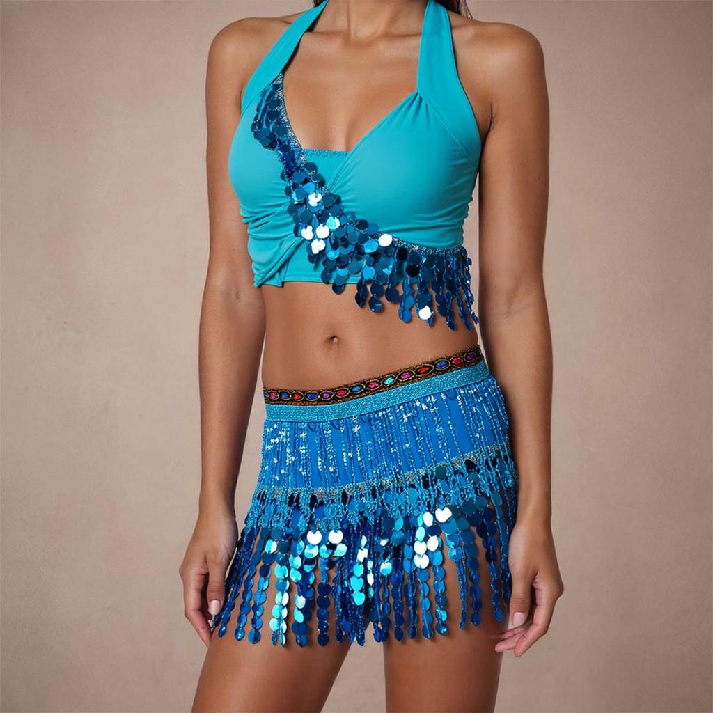 2 Pieces, Bra With Sequined Tassels, Fringed Top, Belly Dance Skirt, Carnival, Club, Costumes