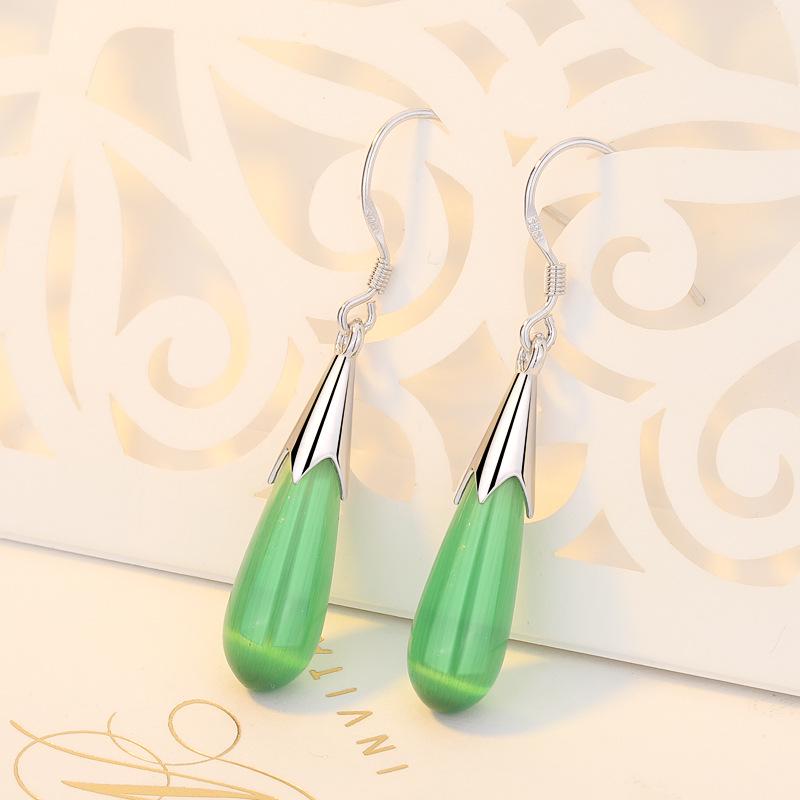Qiaolanxuan Korean Style Sterling Silver Cat's Eye Teardrop Earrings with Natural Crystal