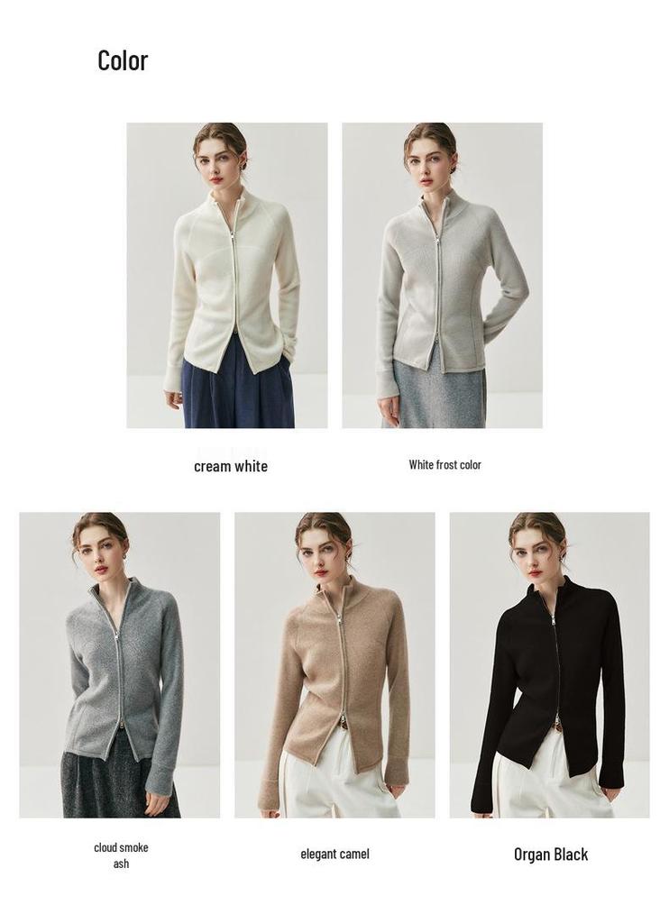 Women's High-Neck Cashmere Cardigan: Thickened Double Zipper Knit for Slimming Fit