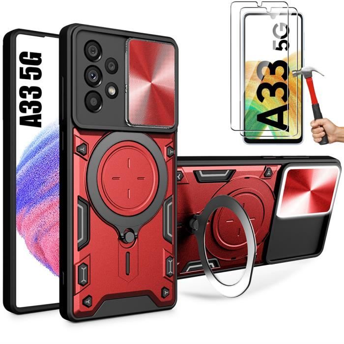 Coque et 2 Verres Trempés pour Samsung Galaxy A33 5G, Coque avec Cache Caméra et Support Métal - Rouge