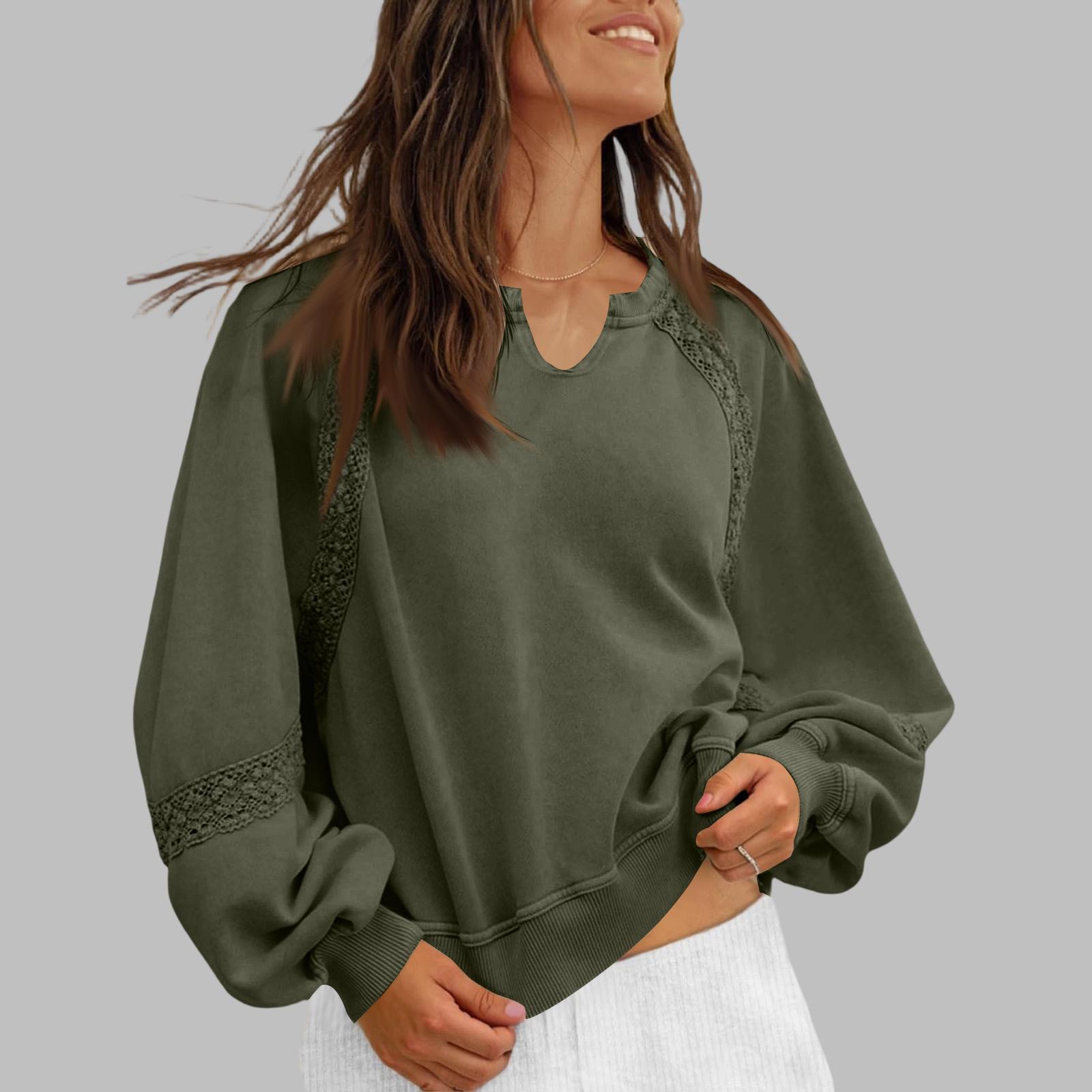 Women s Color Long Sleeve Sweatshirt with Lace Trim and Half Zip, Loose Fit L