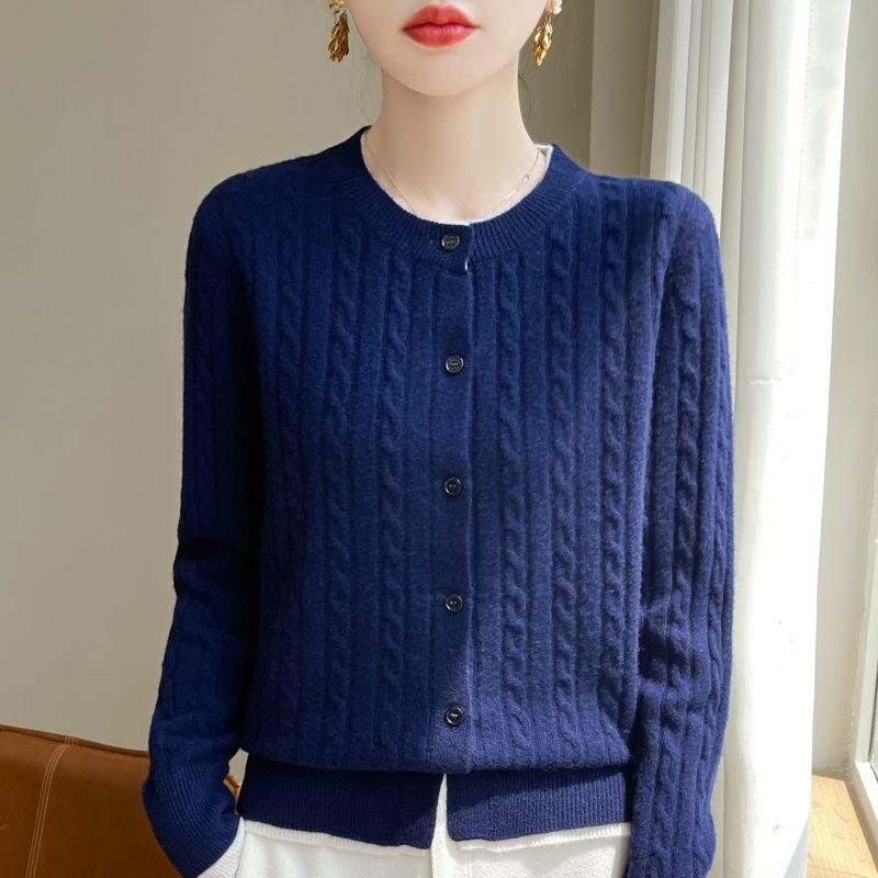 Autumn and Winter Women's Round Neck Color Matching Fake Two Cardigan Loose Twist Cashmere Sweater Knit Top
