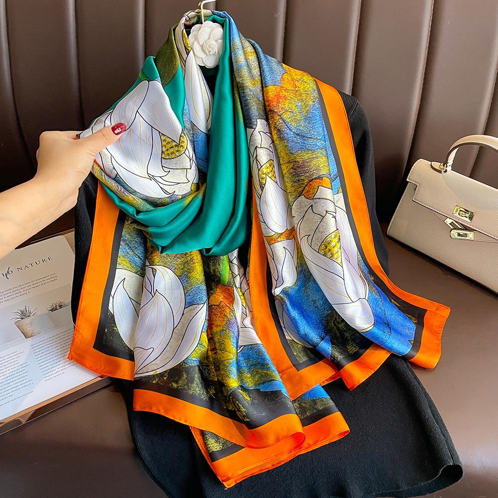 New silk scarf new silk satin printed shawl holiday fashion sunscreen long section simulation silk scarf