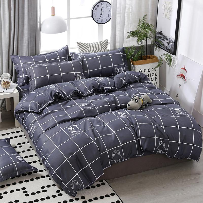 Čtyřdílná sada povlečení z prané bavlny, povlak na přikrývku, povlak na prostěradlo, jednoduchá sada v severském stylu