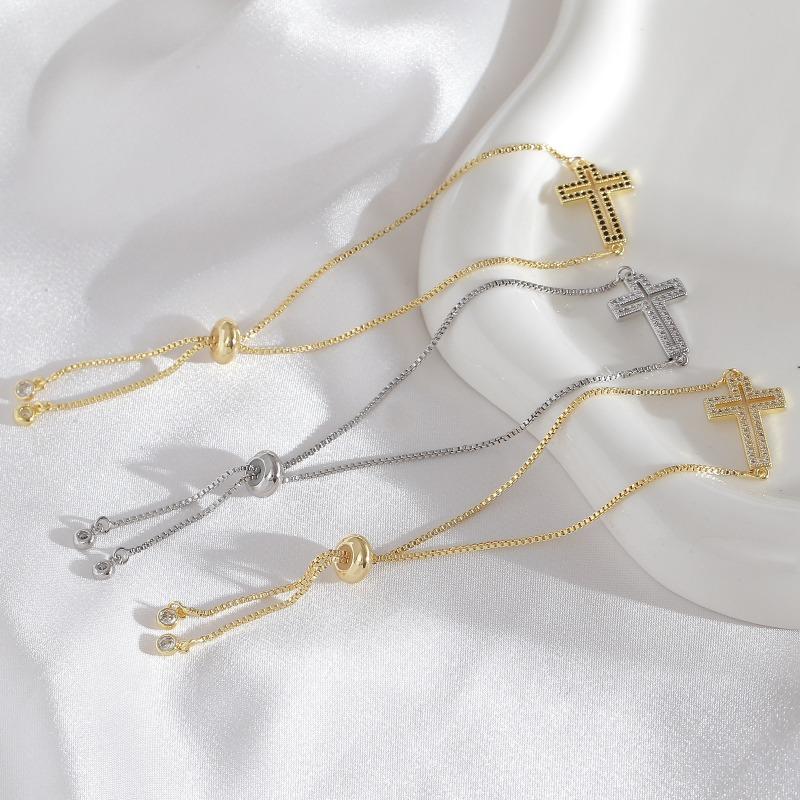 Electroplated Cross Bracelet with Hollow Design, Handcrafted Jewelry Featuring Zirconium Stones, Adjustable Bracelet