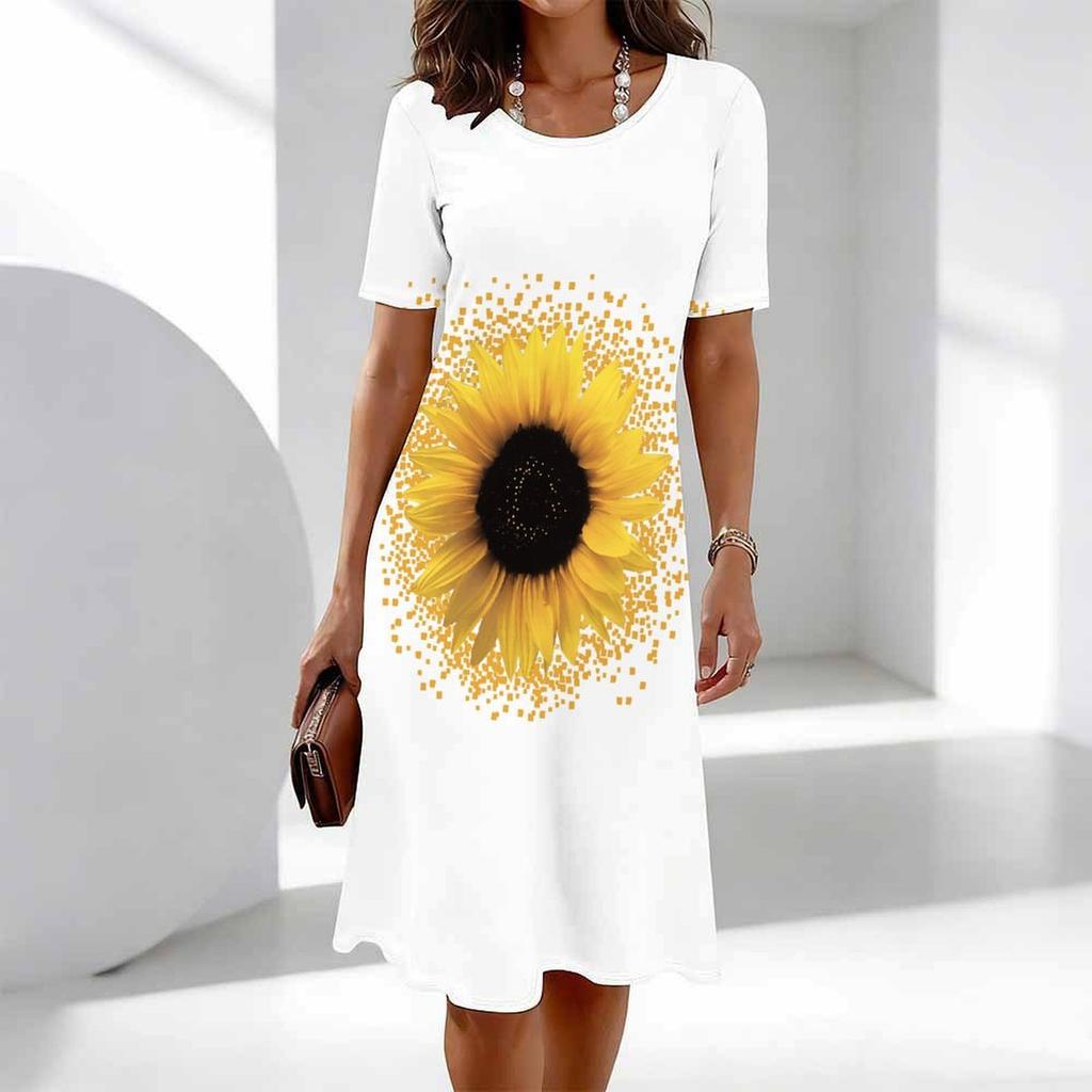 Women's Fashion Graceful Beautiful  Flowers  Print Summer Spring Short Sleeve O-Neck Casual Dresses