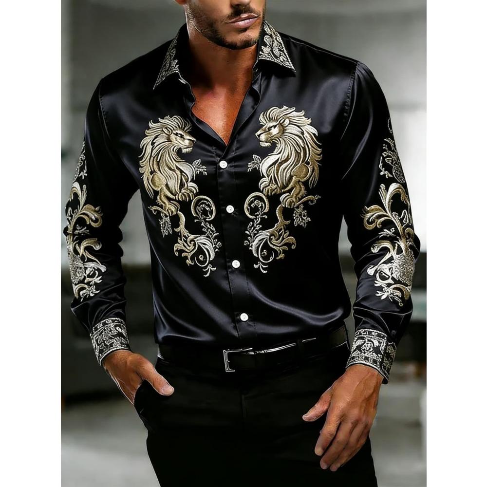 New Black Gold Gradient Peony Print Men's Long Sleeved Shirt, Light Luxury Business Casual Shirt Clothing