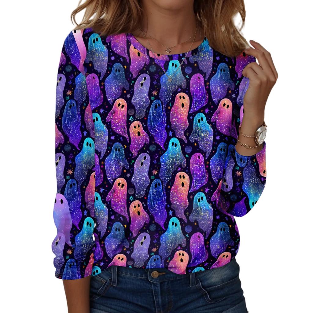 Women's Fashion Casual Long Sleeve Halloween Print Pullover Sweatshirt Crew Neck Top for Fall Seasonal Wear