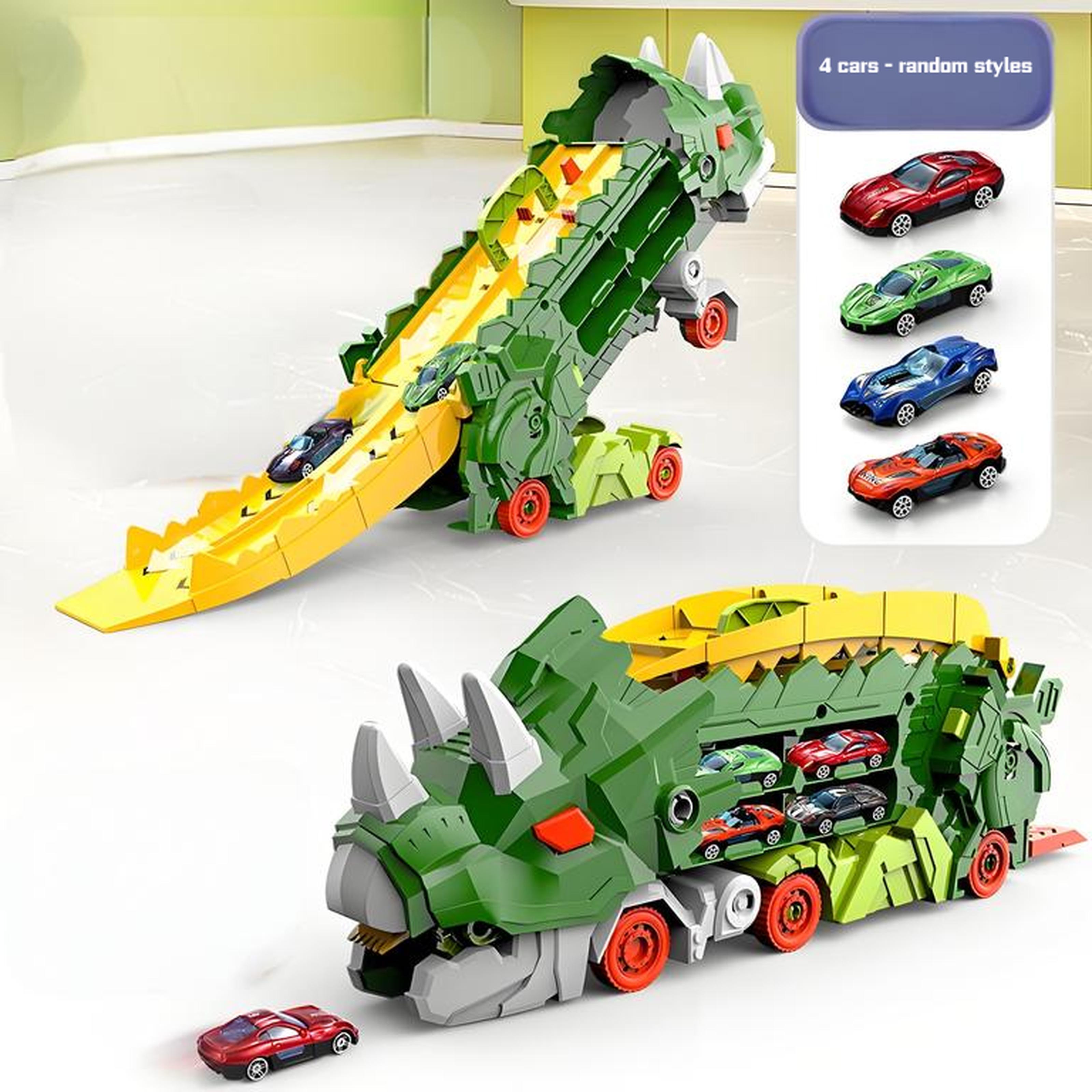 

Детская игрушка-машинка-катапульта с динозавром, Трицератопс, Скользящая трасса, Сплав, Деформация, Тираннозавр Рекс, Модель игрового транспортного средства зелёный