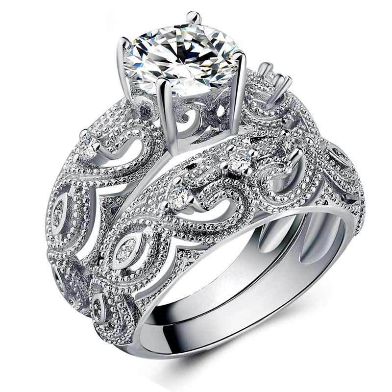 CopperSparkling AAA Cubic Zirconia Gorgeous Rings for Women 2 pcs/set Hollow Flower Ring Female Jewelry Gifts