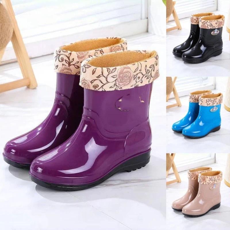 Women's Autumn And Winter Midsole Thick Soled Warm And Velvet Anti Slip Waterproof Shoes Rain Boots Rubber Shoes