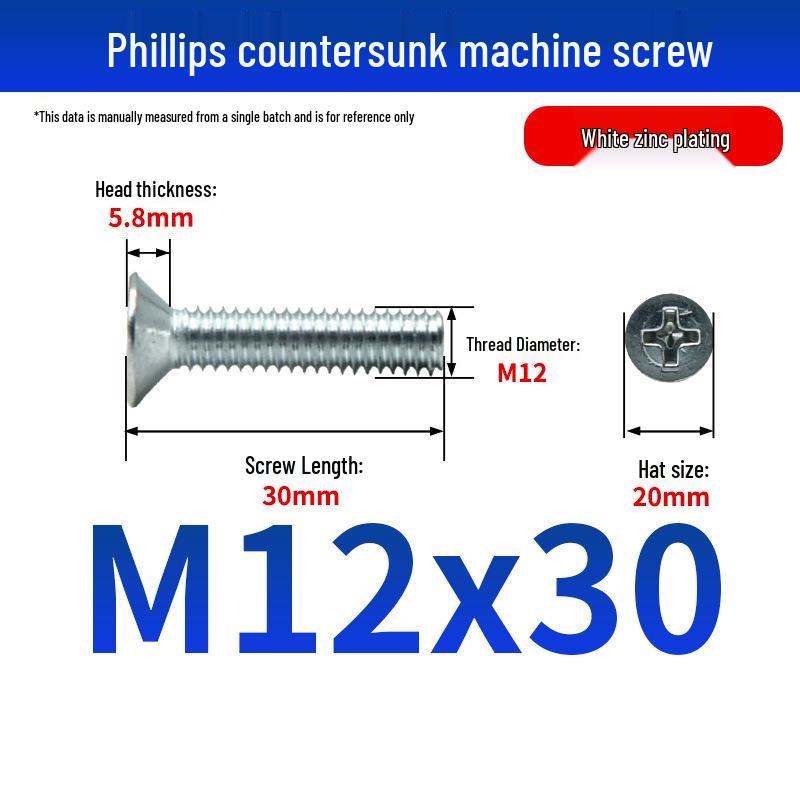 White Zinc Plated Cross Recessed Countersunk Head Screws & Bolts, Machine Thread, M3-M12